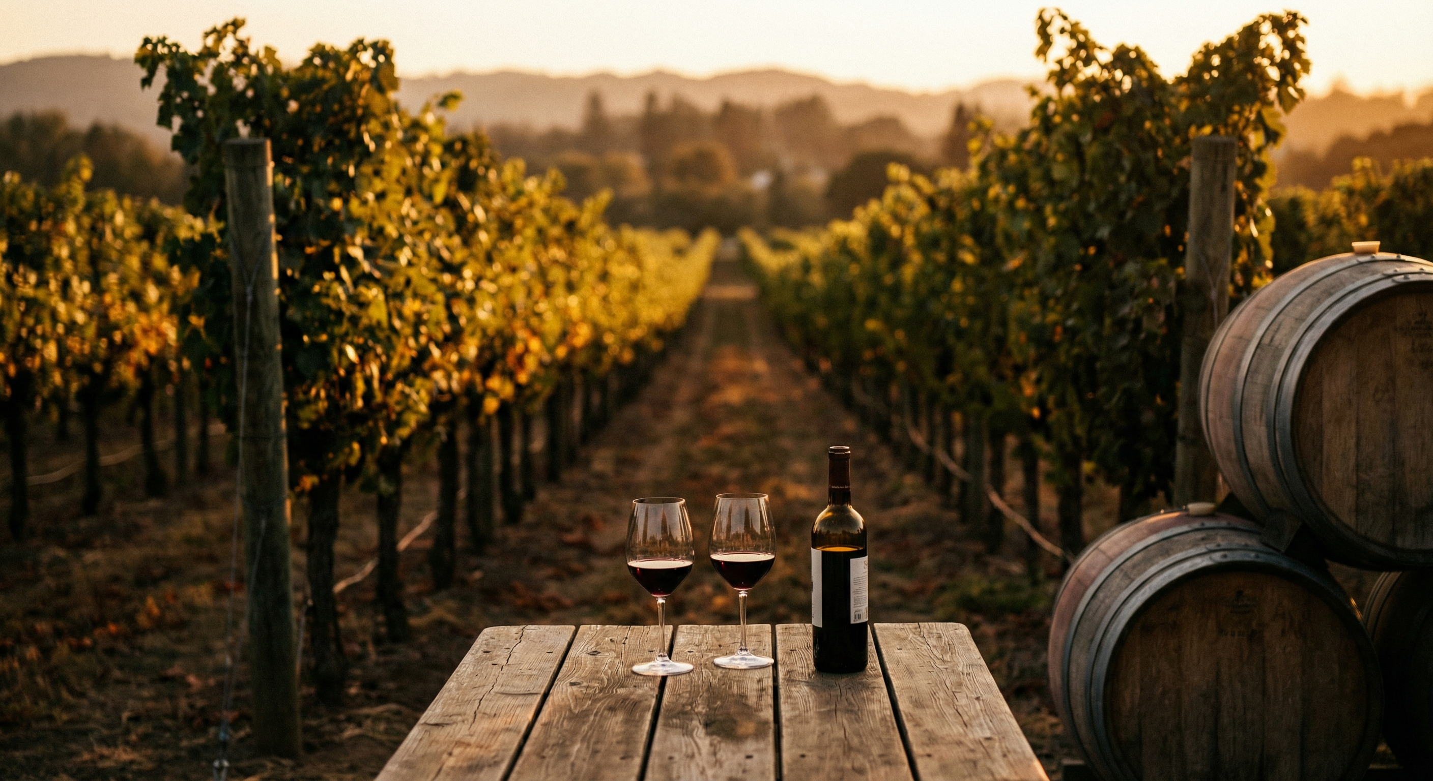 כרם דניאלה - כרם בשקיעה עם יין וחביות